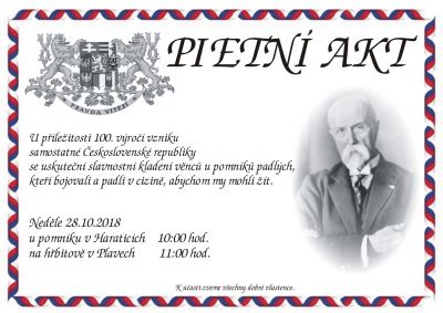 Pozvánka do Plavů na Pietní akt ke vzniku samostatné republiky 