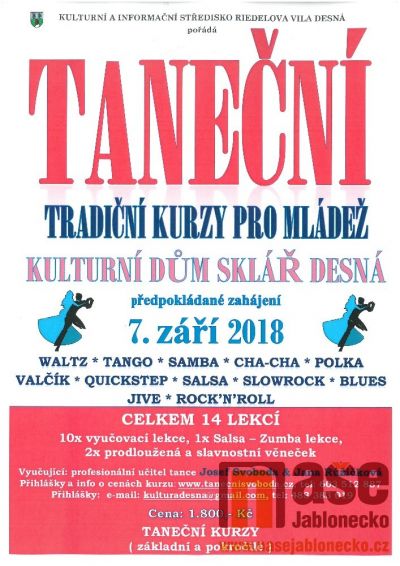 Taneční - kurzy pro mládež v Desné zahájí 7. září 2018