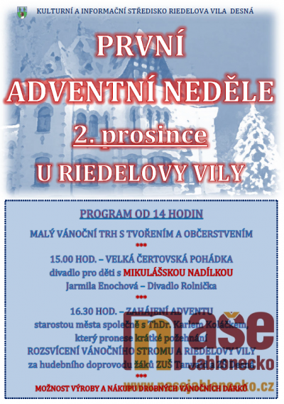 V Desné přivítají 1. advent 2. prosince u Riedelovy vily