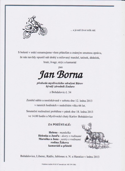 Navždy odešel bývalý jezdec endura a myslivec Jan Borna