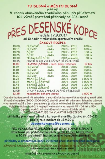 TJ Desná a město Desná pořádají 5. ročník běhu Přes desenské kopce