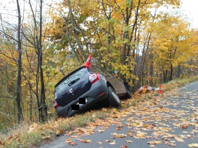 Řidič se nevěnoval řízení a skončil až v dřevinách na druhé straně silnice