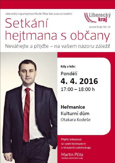 Přijďte besedovat s hejtmanem! V pondělí 4. dubna do Heřmanic