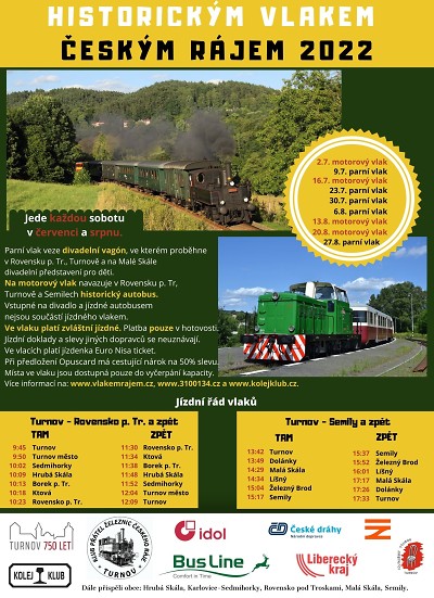 Historické vlaky jezdí o prázdninách z Turnova do Rovenska a Semil