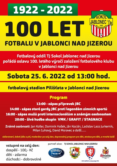 TJ Sokol Jablonec nad Jizerou pořádá oslavu 100 let místního fotbalu