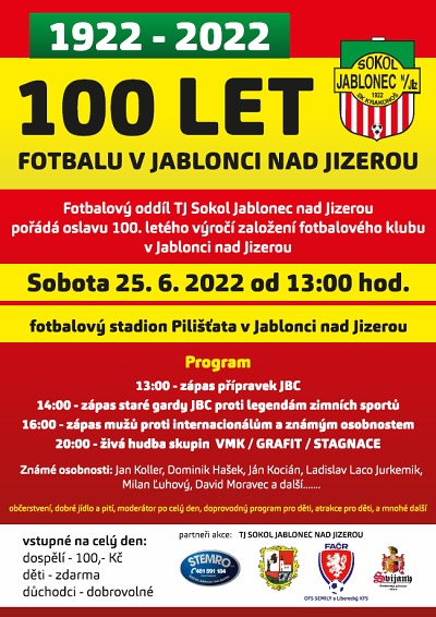 TJ Sokol Jablonec nad Jizerou pořádá oslavu 100 let místního fotbalu