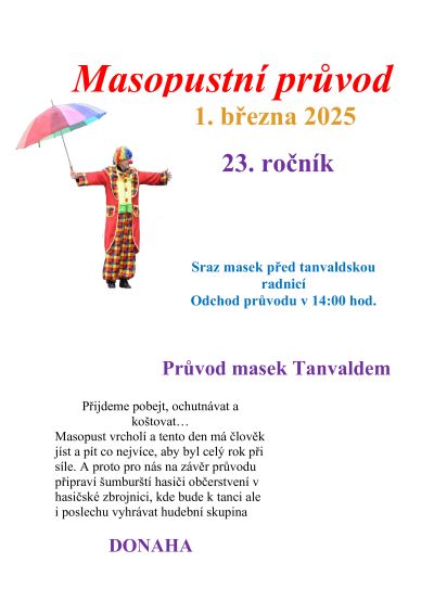 Průvod masek Tanvaldem proběhne 1. března
