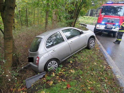 Na mokré vozovce dostal řidič smyk a sjel mimo silnici