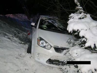 Na zasněžené vozovce dostal v Kořenově smyk a zastavil se až v lese