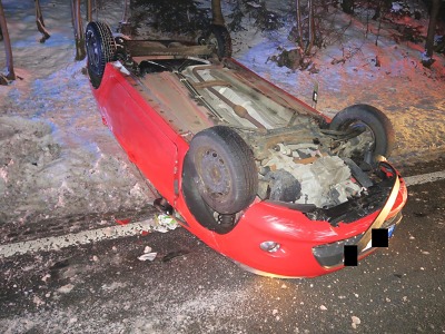 Řidička skončila v Lučanech s autem na střeše