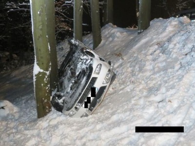 Ze zasněžené vozovky sjel řidič ve Velkých Hamrech až mezi stromy