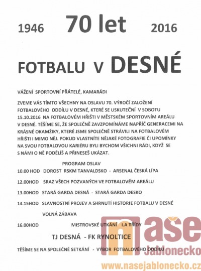 Pozvánka na akci 70 let fotbalu v Desné 