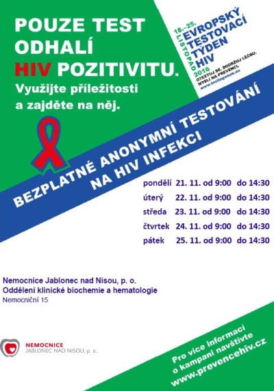 Jablonecká nemocnice nabízí na konci listopadu bezplatné testování HIV