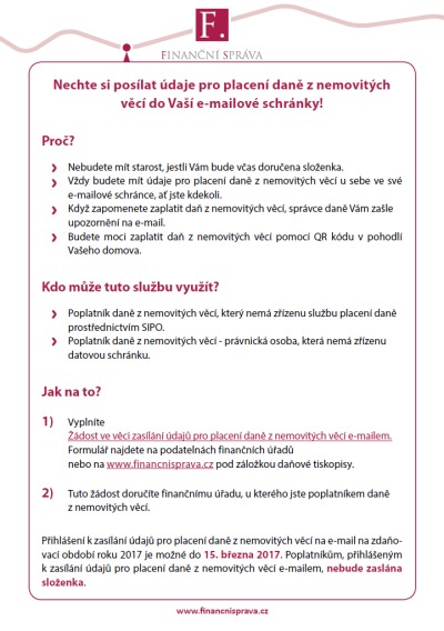 Zasílání údajů k placení daně z nemovitých věcí se zjednodušuje