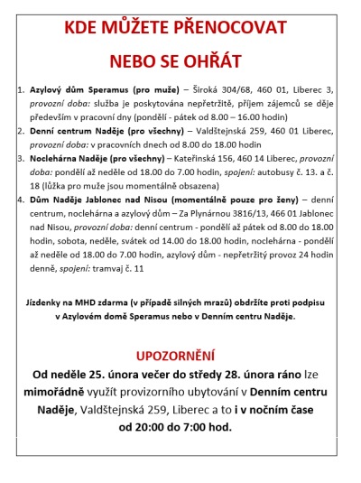 Osoby bez domova najdou při mrazech pomoc v Denním centru Naděje