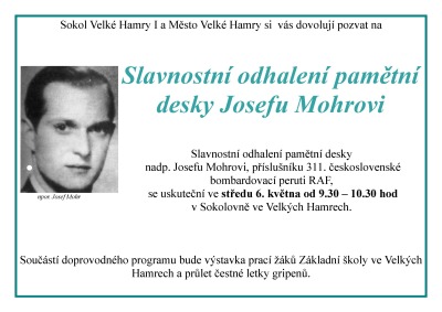Ve Velkých Hamrech odhalí pamětní desku letci Josefu Mohrovi