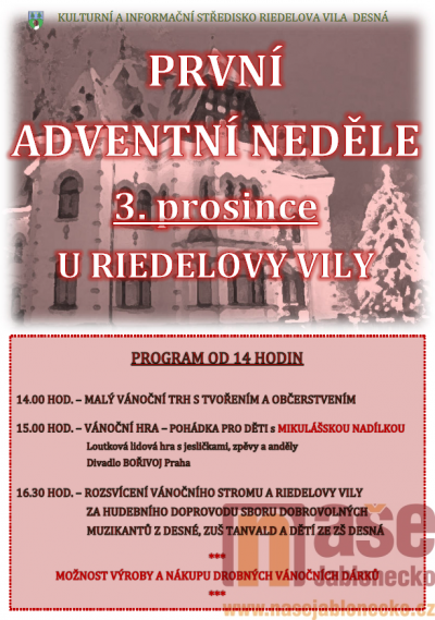 V Desné přivítají první advent 3. prosince u Riedelovy vily