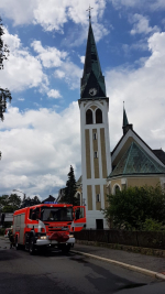 Požár kostelní věže v ulici Markova v Liberci
