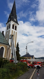 Požár kostelní věže v ulici Markova v Liberci