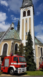 Požár kostelní věže v ulici Markova v Liberci