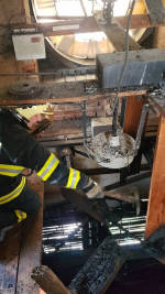 Požár kostelní věže v ulici Markova v Liberci