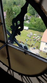 Požár kostelní věže v ulici Markova v Liberci